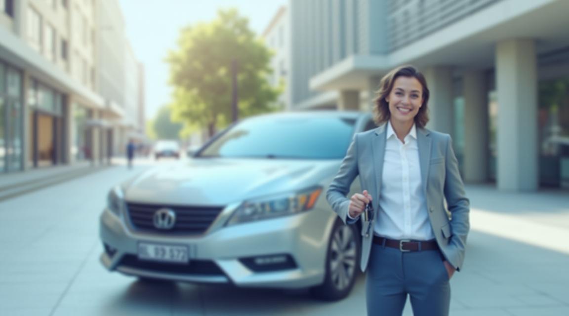 A happy professional standing next to a modern silver sedan on a city street