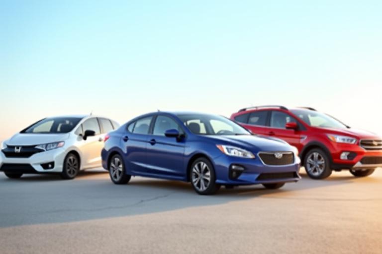Various car types lined up for rental