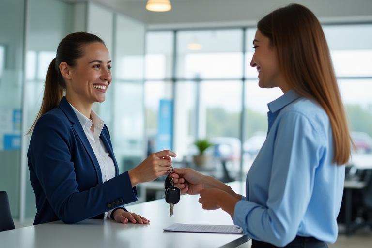 Customer receiving car keys at rental desk
