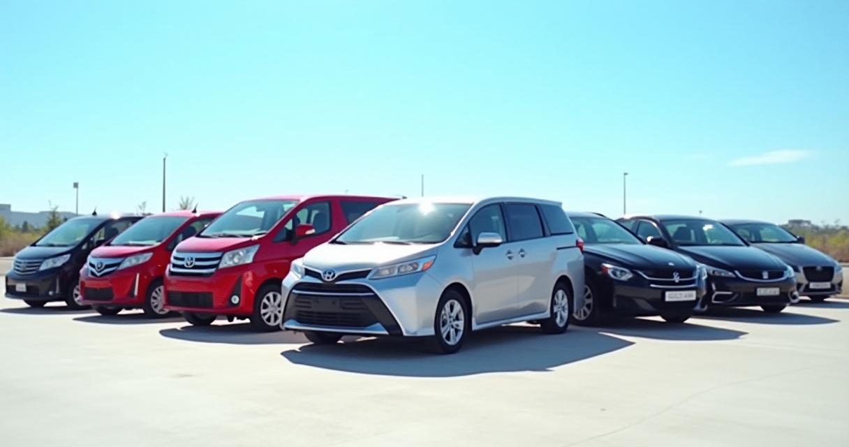 A diverse lineup of varied rental cars including compacts, SUVs, and luxury sedans parked in a row