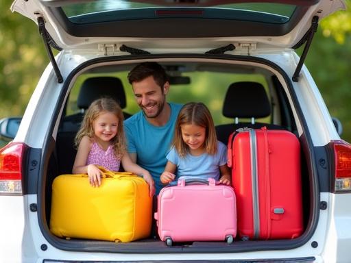 A family happily packing luggage into the trunk of a large SUV