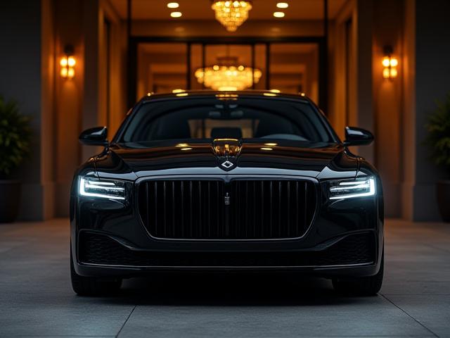 Black luxury sedan parked outside a high-end hotel