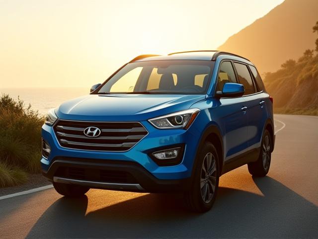 Blue crossover SUV parked on a scenic coastal road