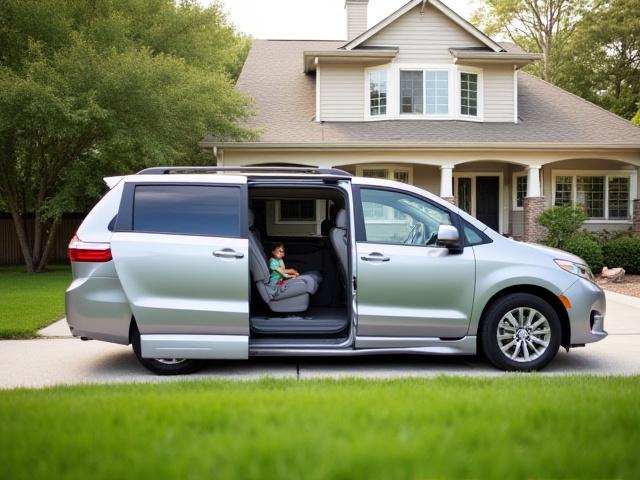 Spacious minivan with sliding door open in a suburban setting