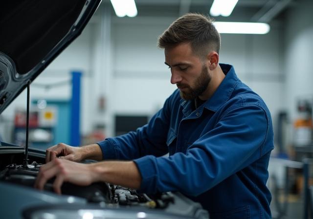 Professional mechanic performing a safety inspection on a rental car