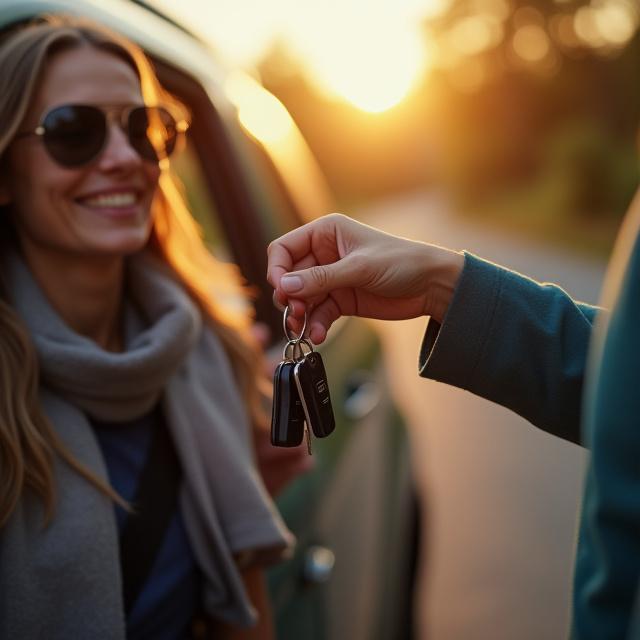 Happy customer receiving keys for a monthly SUV rental