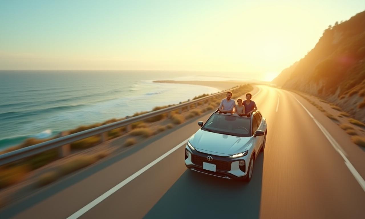 Happy travellers driving a rental car on a scenic coastal highway